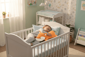 Baby sleeping in a crib with an orange plush toy in a nursery.