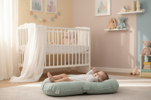 Baby lying on a green baby lounger nest in a nursery with a crib and toys in the background.