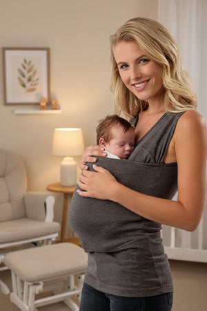 Woman holding a baby in a gray sling against a white background