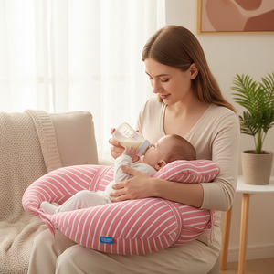 Woman holding a baby in a pink and white striped哺乳枕 (breastfeeding pillow) in a cozy living room.