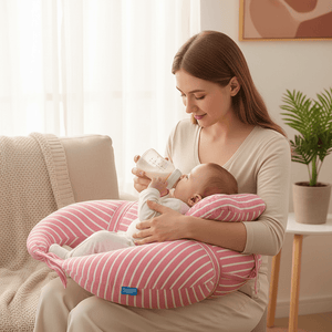 Woman holding a baby in a pink and white striped哺乳枕 (breastfeeding pillow) in a cozy living room.