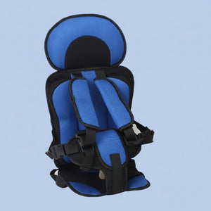 Blue children's seat with black straps on a light blue background