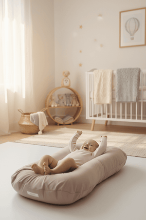 Baby lying on a pink baby nest against a white background