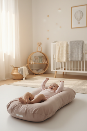 Baby lying on a pink baby nest against a white background