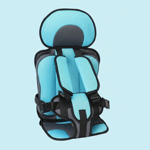 Children's safety seat with sky blue and black design on a light blue background
