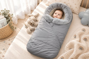 A baby sleeping bag with a gray outer layer, coral fleece middle layer, and a faux fur collar, designed to be windproof and warm.
