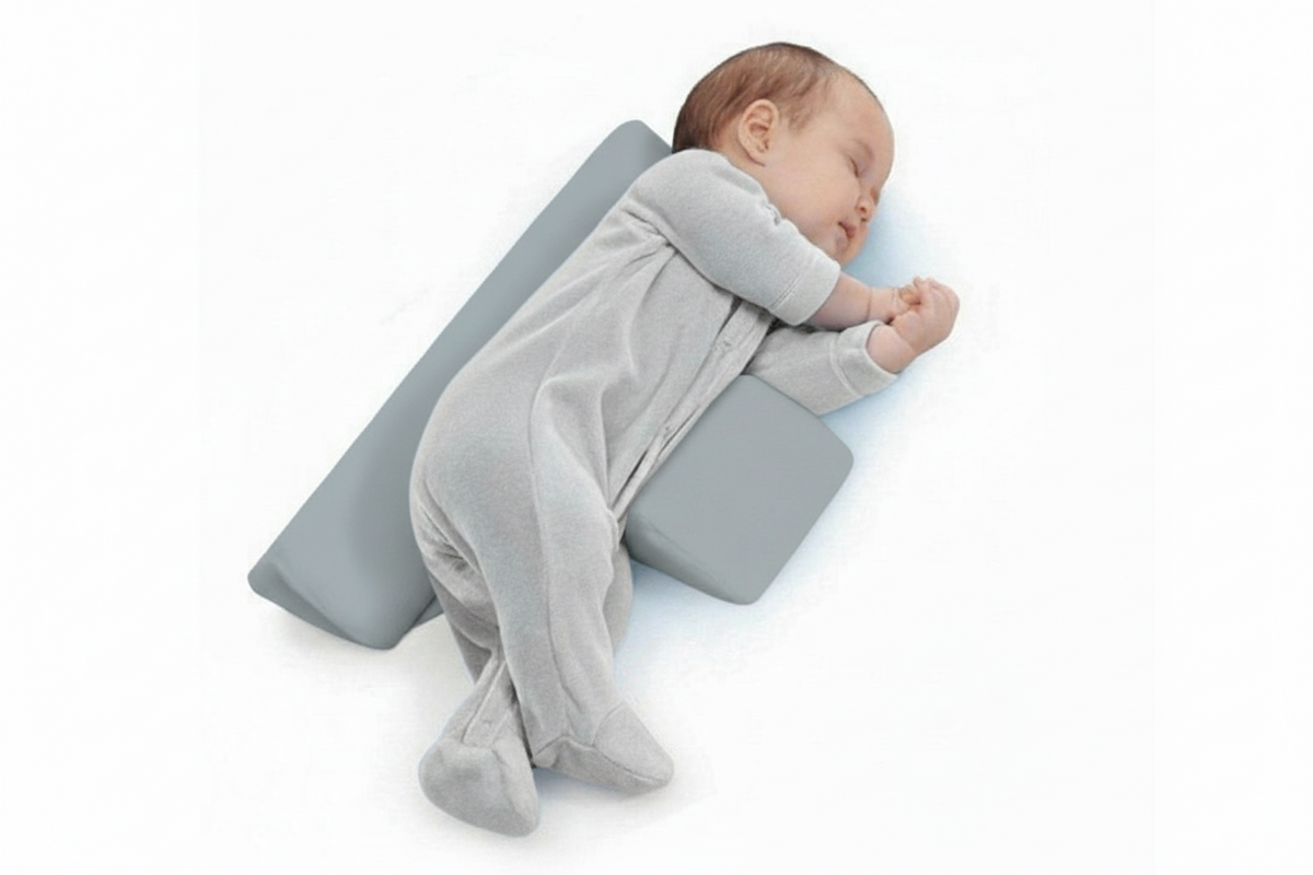 Baby sleeping on a gray pillow with a soft blanket