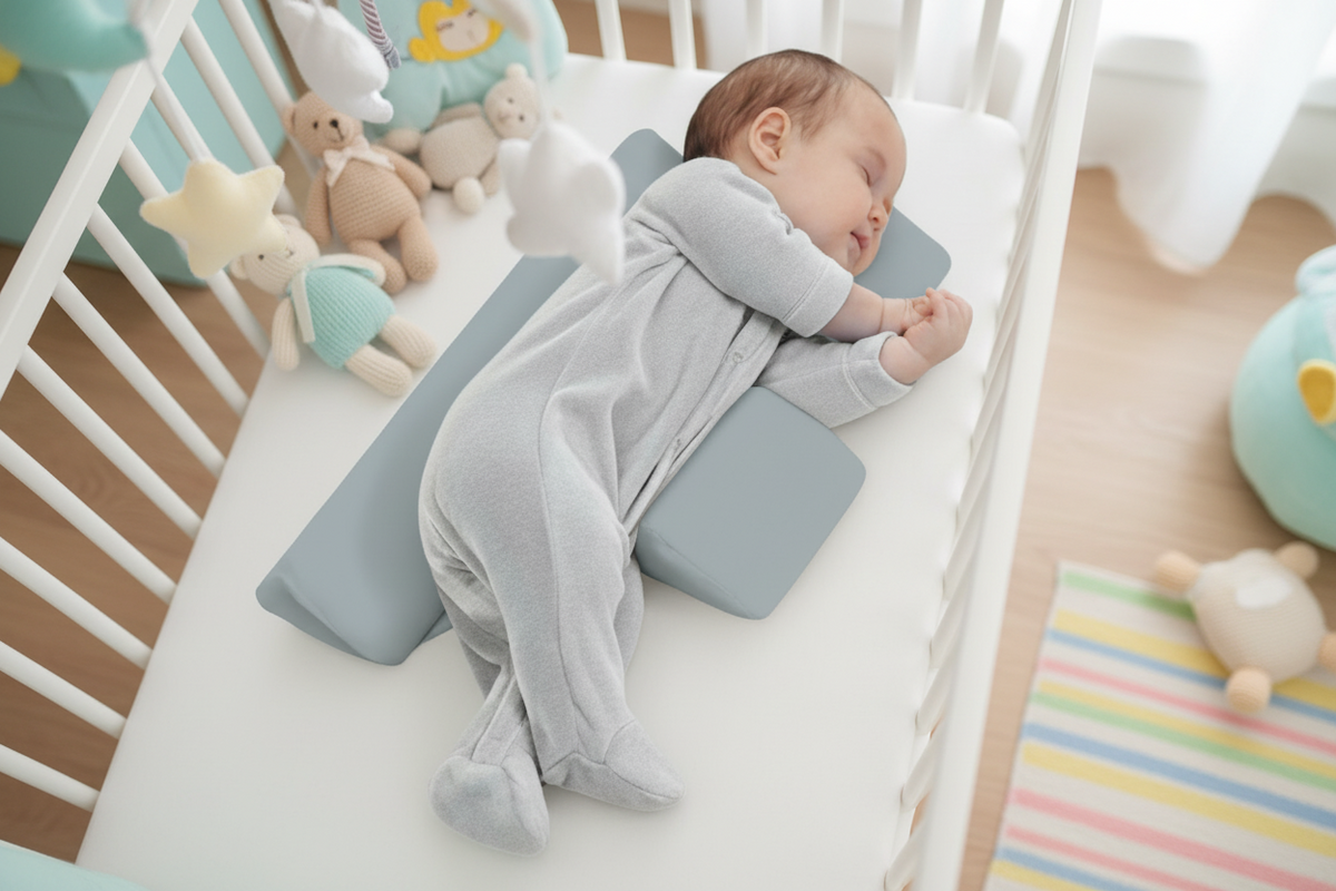 Baby sleeping on a cushion in a crib with colorful toys around
