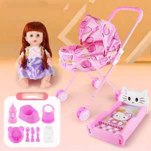 Set of toys including a doll, stroller, and baby care items on a peach background