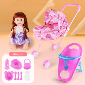 Doll with a pink stroller, baby accessories, and a toy bottle on a beige background
