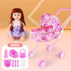 Doll with a pink stroller and accessories on a peach background