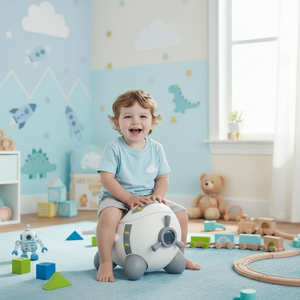 Child sitting on a toy safe in a colorful room with toys and a window.