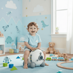 Child sitting on a toy safe in a colorful room with toys and a window.