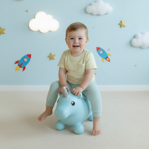 Child sitting on a toy horse with stars and a cloud decoration on the wall.