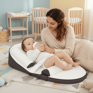 Woman feeding a baby in a baby lounger bed in a nursery