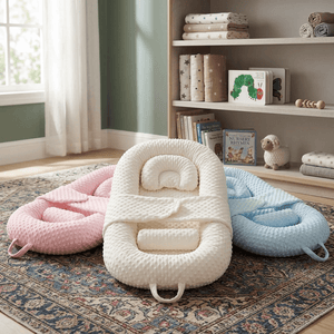 Three baby bouncers in pink, white, and blue on a patterned rug with books and toys in the background.