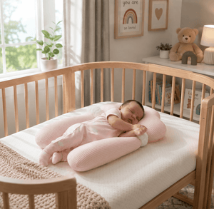 Baby sleeping on a pink pillow in a crib with a teddy bear and decor in the background