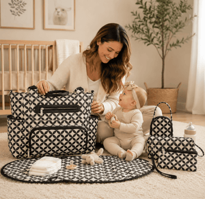 Woman with a baby surrounded by patterned diaper bags in a home setting