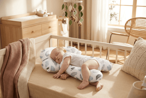 A sleeping baby lies on a patterned U-shaped baby pillow inside a wooden crib, with a changing table, window, and hanging mobile in a softly lit nursery.