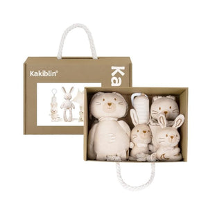 Set of soft toy animals in a box with Kakiblin branding on a white background