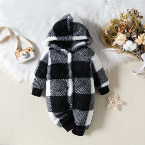 A baby hooded plaid fluffy fleece long-sleeve romper in brown and white checkered pattern, displayed against a white background with decorative elements around.