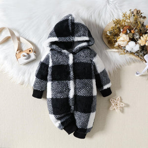 A baby hooded plaid fluffy fleece long-sleeve romper in brown and white checkered pattern, displayed against a white background with decorative elements around.