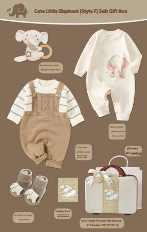 Baby outfit set with elephant design on a brown background