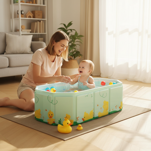 Woman and baby playing in a small inflatable pool with rubber duck toys in a living room.