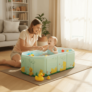 Woman and baby playing in a small inflatable pool with rubber duck toys in a living room.