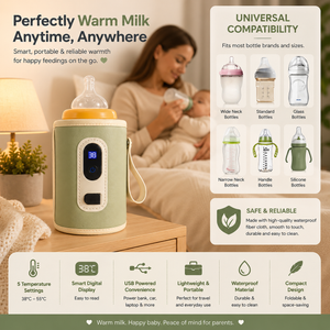 Portable milk warmer with digital display and compatibility features for bottles.