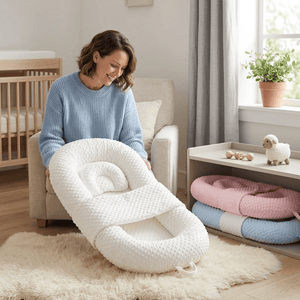 Woman holding a white baby nest in a nursery setting