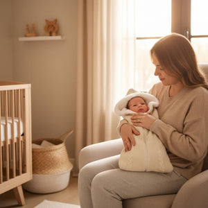 Woman holding a baby in a cozy nursery with a crib and window in the background.