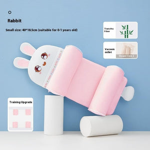 Pink rabbit-shaped cushion with text and brand logos on a blue background