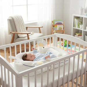 Baby lying in a crib with toys in a bright nursery