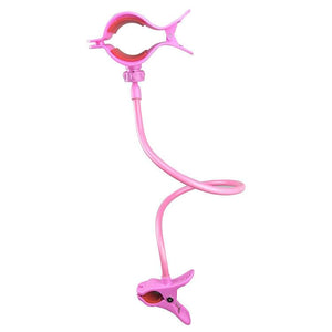 Pink hair styling tool with a flexible arm on a white background