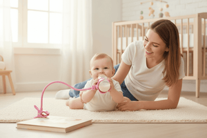 Woman and baby in a nursery setting with a crib and toys in the background.