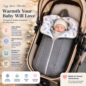 Baby sleeping in a stroller with a warm baby blanket, surrounded by product features and benefits.