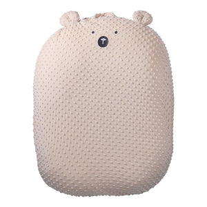 Beige textured pillow with bear face design on a white background