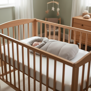 Baby sleeping in a wooden crib with a soft gray blanket in a cozy nursery.