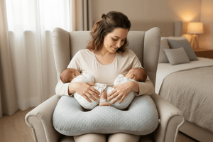Woman holding two babies on a cushioned chair in a bedroom setting