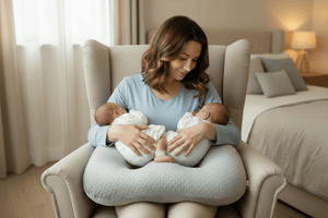 Woman holding two babies in a rocking chair in a bedroom setting