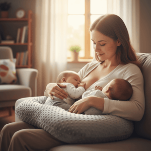 Woman breastfeeding two babies in a cozy living room.