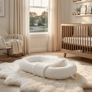 White baby bumper pad on a fluffy rug in a nursery with a crib and window in the background.