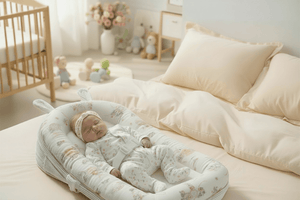 A sleeping newborn baby lies on a soft, zippered baby lounger cushioned in a cream-colored bed with a delicate pink and green floral pattern on the sides.