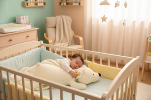 Child sleeping in a crib with a teddy bear in a nursery setting