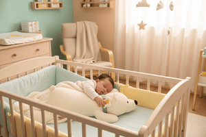 Child sleeping in a crib with a teddy bear in a nursery setting