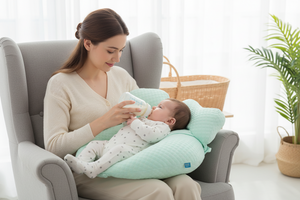 Woman sitting in a chair with a baby on a green cushion, holding a bottle.