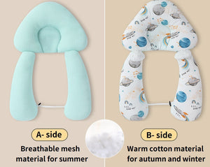 Two U-shaped pillows with different materials on a beige background, labeled 'Green Planet'.