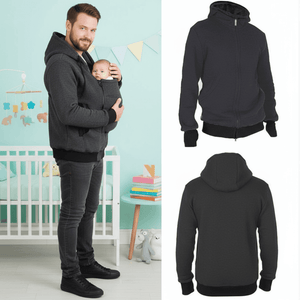 Man holding a baby in a room with a black hoodie displayed from different angles.