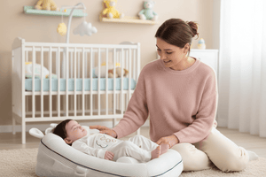 Woman sitting on the floor with a baby in a cushioned seat in a nursery.